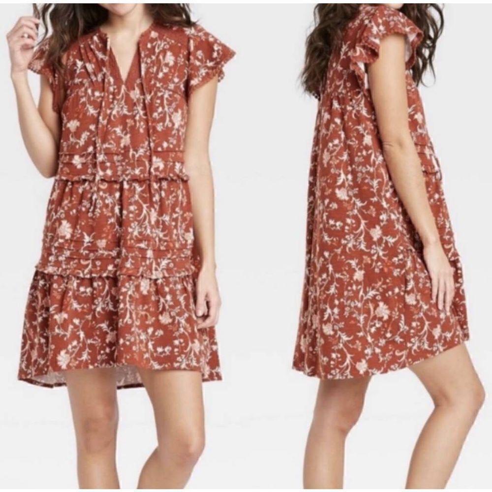 Knox Rose Women's Floral Print Tiered Mini Dress Boho Stretch Rust Orange Medium